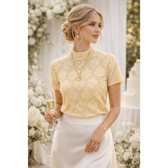 David Benjamin Tops - Vtg Floral Sheer Stretch Lace‎ Mock Neck Layering Top Bridal Festival Coquette